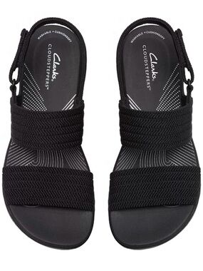 NWT Clarks Cloudsteppers Black Elastic Strap Sandals Sz 7 Wide Width